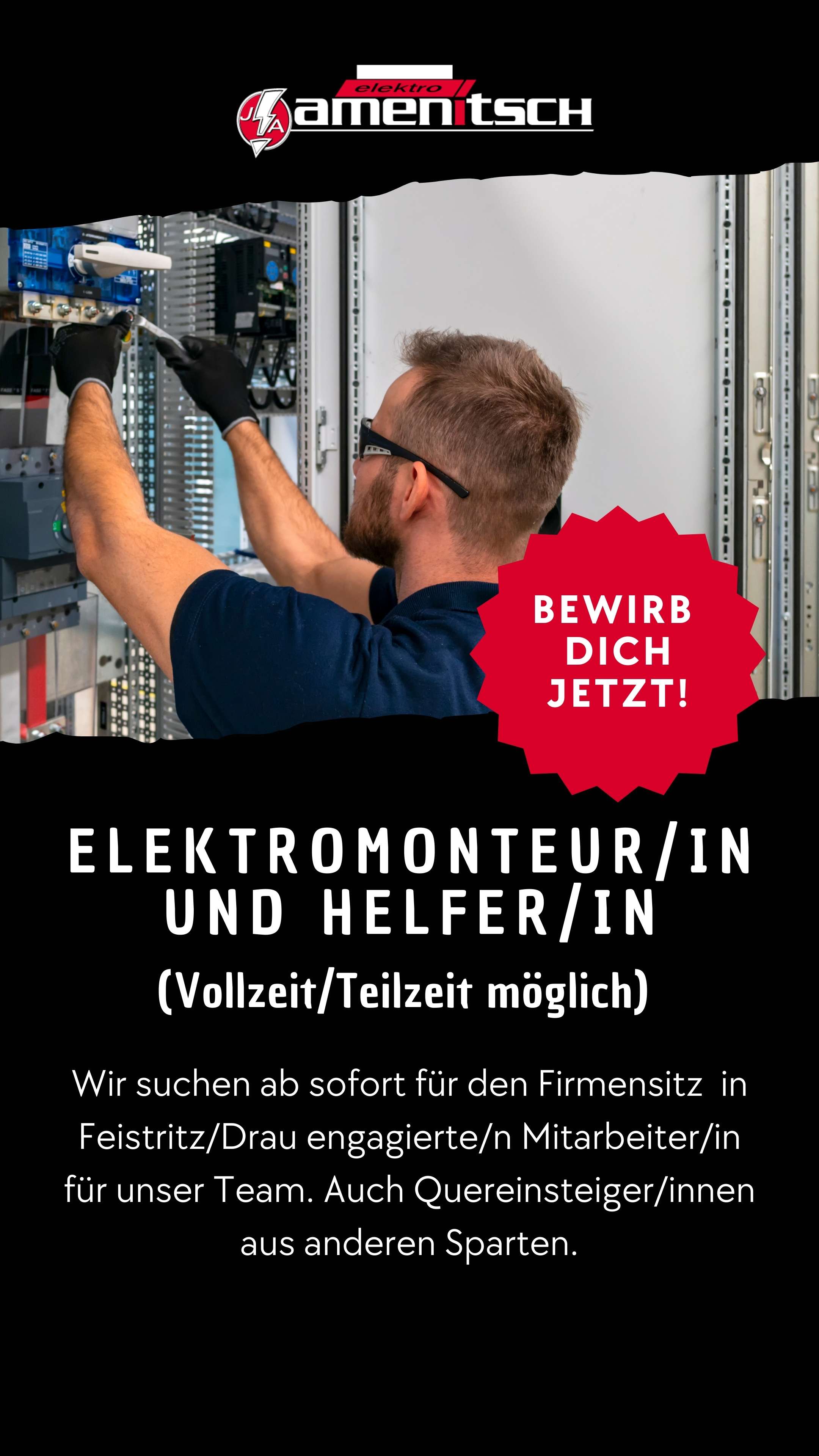 Elektromonteur arbeitet an einem Schaltschrank – Stellenanzeige bei Elektro Amentisch